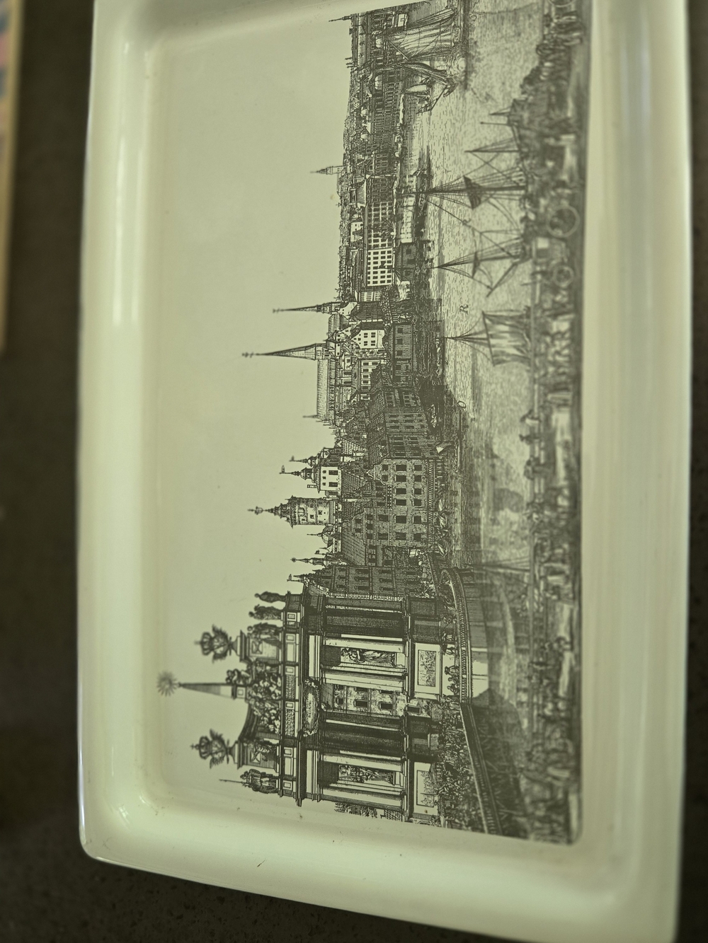 Corningware White Ceramic Tray with Black Architectural Illustration